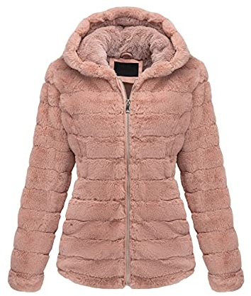 BELLIVERA Damen Kunstpelz Zotteliger Mantel Herbst Winter Warme Mode Lange Ärmel Reißverschluss Kurz Kapuze Jacke 1801 Rosa L
