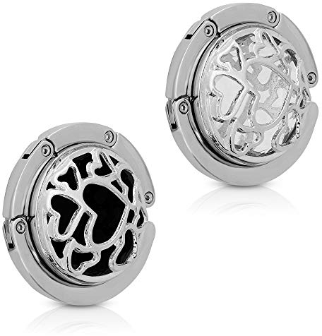 kwmobile 2X Tisch Handtaschenhalter Haken - Faltbare Antirutsch Taschenhaken Halterung Handtaschen Herzen Schwarz Weiß Silber