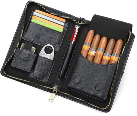 Contacts Humidor portatile da viaggio per tagliigari, scomparto per accendini, custodia in pelle per 5 sigari (senza accessori), organizer multifunzionale per accessori per sigari, pochette con