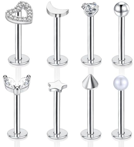 Gojewen 8 Pièces Lèvres Labret 10Mm Boucles D'Oreilles Acier Inoxydable 16G Piercing Helix Medusa Labret Tragus Lune Cz Papillon Coeur