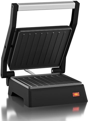 Elite Gourmet EPN160 5.5 x 5.3 Multifunctional, Compact Electric Panini Press, Contact Grill, 180° Flat Grill, Lightweight, Floating Top-plate, Cool-touch Handle Non-Stick Surface, Black