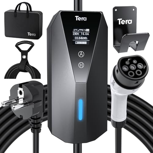 Tera EV Charger Portable Type 2 with 7 m Charging Cable 3.68 kW 16 A Schuko EV Charger Box Adjustable Current Clear LCD Display IP66 Waterproof Cable Holder Cable Tie German User Manual