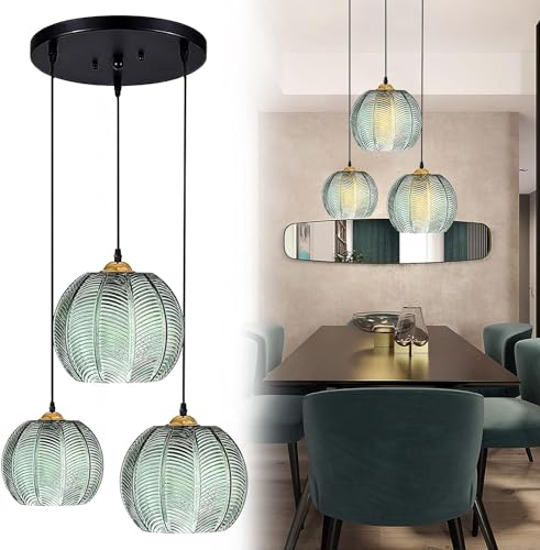 Pendelleuchte Glas 3 Flammig,Glas Pendelleuchte Grün,Hängelampe Glas,Verstellbare Hängeleuchte Esstisch Küche, Esszimmer, Wohnzimmer, Bauernhaus (3SET)