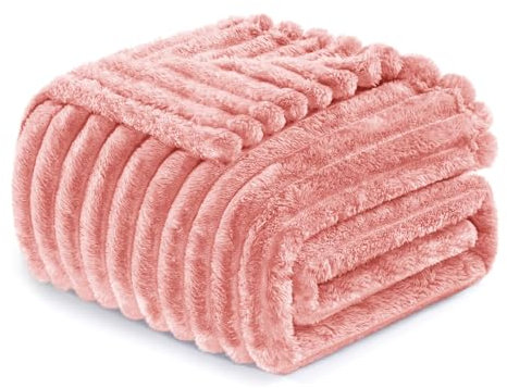 Exclusivo Mezcla Fleece Throw Blanket for Couch, Super Soft Striped Jacquard Bed Blanket, Lightweight Fuzzy Cozy for All Seasons, 127x152 CM, Pink