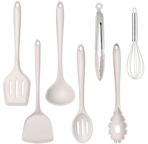 TEAMFAR Silikon Küchenhelfer Set, 7 Stück Antihaft Küchenutensilien Küchenset, Hitzebeständiger Kochbesteck Kochutensilien mit Pfannenwender für Kochen, Ungiftig & Leicht zu reinigen, Khaki