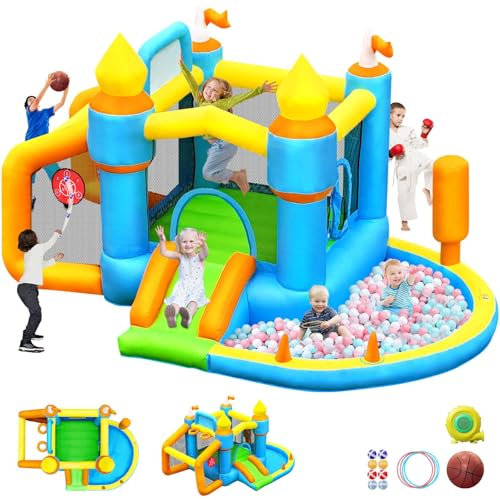 SportBob Château Gonflable pour Enfants Extérieur Intérieur avec Soufflerie, Toboggan, Piscine à Balles, Saut, Terrain de Football et Panier de Basket, Adapté aux Enfants de 3 à 8 Ans, 385×258×220 cm