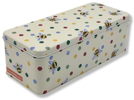 MediMuc Presentburk design Emma Bridgewater – kärleksfullt utformad rektangulär förvaringsburk – motiv polka Bee – plåtburk, kakburk, burk – mått: (L x B x H): 24,0 x 10,0 x 7,0 cm