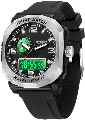 findtime Schwarz Herrenuhr Quadratisches Großes Zifferblatt mit Digital Analog Doppelzeit Designer Uhren für Männer Sportliche Elektronische Armbanduhren Silber