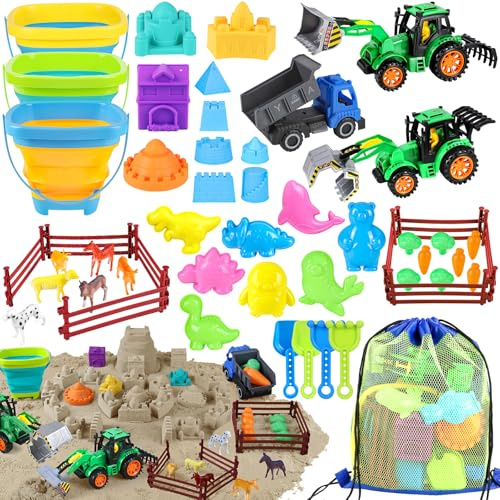 FHOZGECY Beach Toys, Farm Playset Sand Toys for Kids Boys and Girls with Collapsible Bucket, Tractor Set, Sand Castle Building Kit, Farm Animals, Mesh Bag, Indoor Outdoor Toys for Kids Ages 4-8