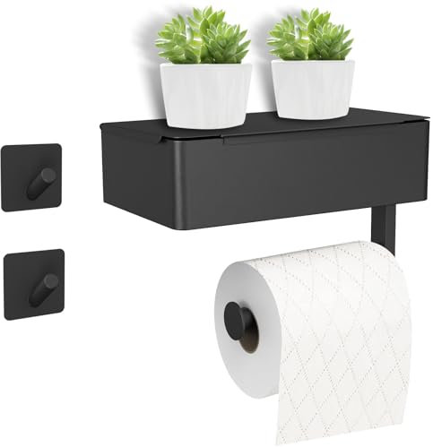 SURFOU Porte Papier Toilette, Support Papier Toilette Mural sans Perçage avec Étagères et Boîte à Lingettes Humides,Salle de Bain Accessoire Noir, pour Salle de Bain et Cuisine, Acier Inoxydable