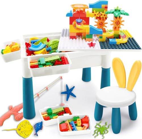 Sobebear 105pcs 5-in-1 Marble Run Building Blocks Multi Play Water Sand Table magnetic fishing set Double Sided Kids Activity Table Toy Storage for Toddlers age 1+ years