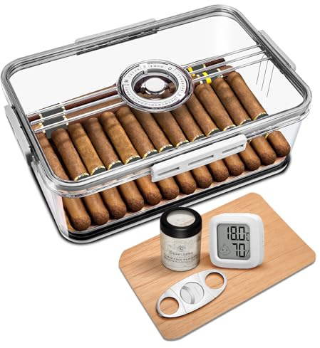 Humidor de puros acrílico estuche para puros con higrómetro y vidrio humidificador, estante de cedro, cortador de puros, caja de almacenamiento de puros para casa/oficina (tamaño mediano)