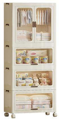 Armadio Appendiabiti Pieghevole 1 Sospensione & 3 Storaggio, Armadietti in Plastica con Ruote e Ante Magnetiche, Scatole Contenitori di Stoccaggio Impilabili per Camera da Letto, 70x41,5x191,4cm