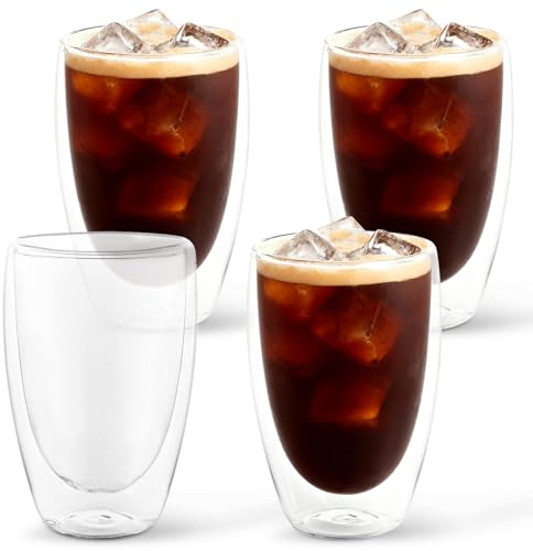 AUEJACKY Juego de 4 vasos de doble pared para latte macchiato, 450 ml, cristal de borosilicato, tazas de café, juego de tazas de café, vasos de té, ideal para café helado, café matcha