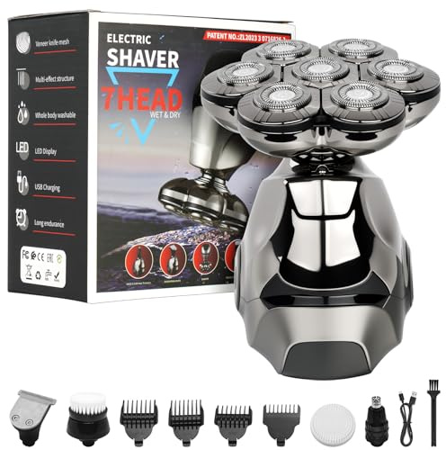 OSDUE Afeitadora Cabeza Hombre, 7D Cabeza para Calvo con Pantalla LED, Impermeable Maquina Afeitar Cabeza, Seco y Húmedo, 7 Cabezales de Afeitado Giratorios con Kit de recorte 6 en 1