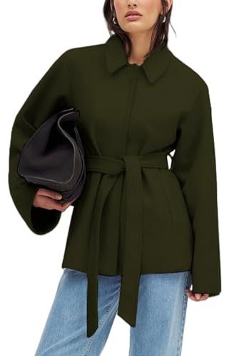 UANEO Coat for Women Wool Blend Short Peacoat Overcoat Button Tie Belt Winter Pea Coat with Pockets (ArmyGreen-S)