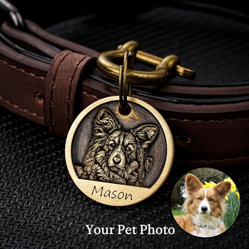 Medagliette ID Personalizzate in Ottone per Animali Domestici, Targhette Incise per Cani e Gatti, Regali per Animali Domestici (Custom Name+Photos)