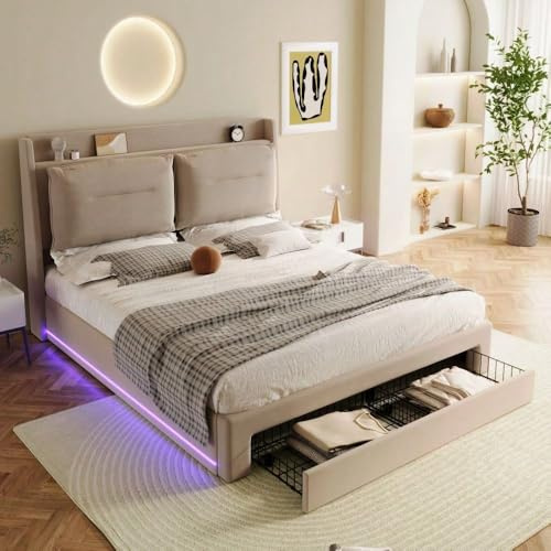 Letto ambiente 140 x 200 con LED integrato sui lati – Divano, cassetti 2 in 1 sul piede e rivestimento beige – Boxspring incluso (senza materasso)