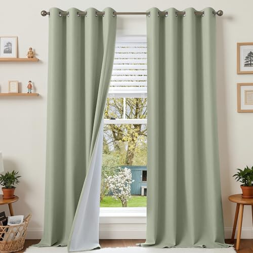 Runyéla Cortinas 100% Opacas Efecto Lino con Ojales, Salón y Dormitorio | Cortinas Termicas Aislantes Frio y Calor, Verde Salvia 140An x 245Al cm Juego de 2, Reducción de Ruido Cortinas Blackout