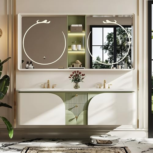 Juego de tocador de baño con lavabo doble y espejo LED, diseño flotante moderno con fregadero integrado y cajones grandes, armario de madera de roble