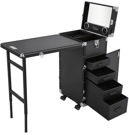 VonVVer Trolley Sminkväska, med bord och spegel, mobil sminkstation med 4 lådor och Bluetooth-högtalare, stor frisörväska med hjul för viskosagister, nageldesigner, manikyr (svart)