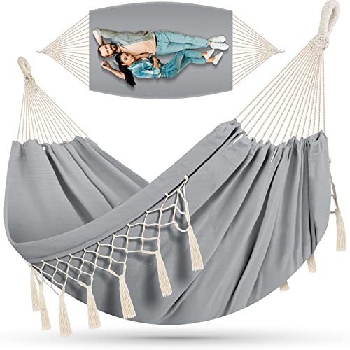 KESSER® Hängematte 320x150 cm belastbar bis 300 kg, wetterfeste & atmungsaktive Tuchhängematte mit Fransen für 1-2 Personen – Ideal für Camping, Garten & Outdoor, inkl. Beutel, Seile & Gurte, Grau
