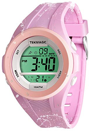 TEKMAGIC Ragazze Orologio da polso per Nuoto, Immersioni in Subacquea 100m Sott'acqua con Funzioni Cronometro, Cronografo, Sveglia, Doppio Fuso Orario, Formato 12/24 Ore