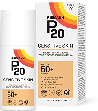 RIEMANN P20 SPF50 Sensitive Sun Cream 200ml, High Level UVA Protection for up to 10 Hours, Allergy Certification, Water Resistant, Durable & Long Lasting, Sweat Resistant