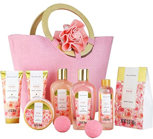 SPA LUXETIQUE Damen Bade Geschenkset - 10tlg Rosenduft Geburtstaggeschenk für Frauen mit Handtasche, Duschgel, Schaumbad, Bodylotion, Wellness set für Sie, Damen, Mutter, Geschenke zum Valentinstag