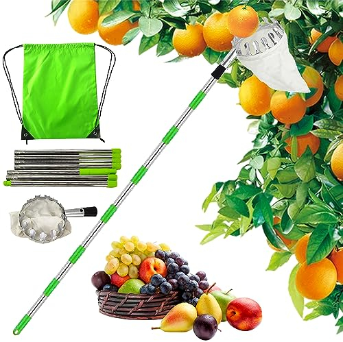Cueille Fruit Con Perche,Cueilleur de Fruits Amovible,2.8m Ramasse Fruit de INOX,Cueille Cerise,Cueille Pomme,Cueille Fruit,Outil Cueillette Jardin Arbre Poires Pêches Ø 160mm