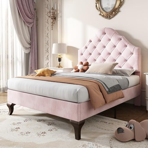 BTM Single Bed 90 * 190, Upholstered Bed with Slatted Frame and Headboard, Single Bed Frames with Height-adjustable Headboard, Velvet, Pink