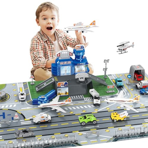 deAO Airplane Toys for Kids with Trucks, Helicopter,Planes, Signs,Fire Trucks Race Cars and Airport Playmat,Great Military Toys Gift for 3 4 5 6 Boys Girls Kids