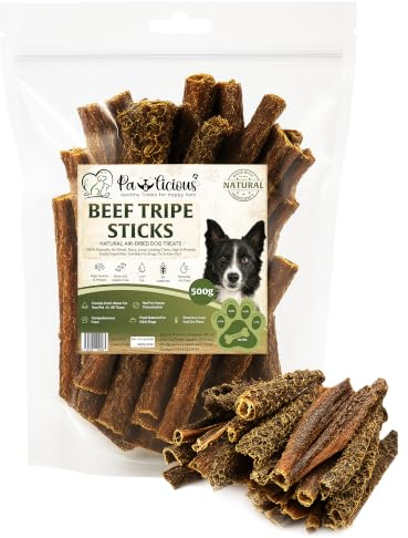 PAWLICIOUS 500g Dried Beef Tripe Sticks for Dog Snacks, 100% Natural Air Dried Dog Treat Chews, Protein & Low Fat, Perfect for Sensitive Stomachs Suitable for All Breeds and Size