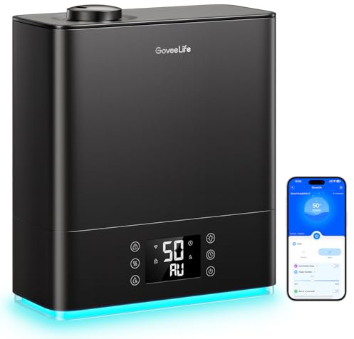 GoveeLife Smart Humidifiers for Bedroom Large Room, Top-Fill Cool Mist 6L WiFi Air Humidifier, Auto Mode, App & Voice Control, 60H Runtime, Rapid Humidification, RGB Nightlight Baby Plants, Black