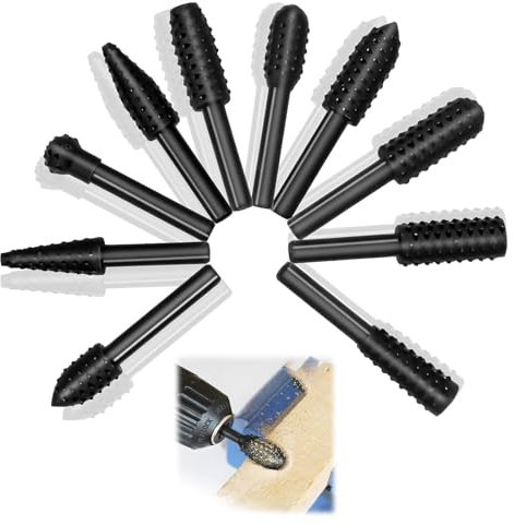 Raheem 10 Stück Holzraspel Raspel Set Holzschnitzerei Bohrer Set Bohrmaschine Schaft Werkzeug Holzschnitzerei Kugelfräser Zylinderfräser Zapfenfräser Konusfräser für Schleifen, Gravieren, Polieren