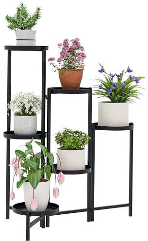 Outsunny Support pour plantes 6 niveaux, étagère plante, ajustable et pliable, en métal, design sans vis, porte plantes d'intérieur pour plusieurs fleurs, noir