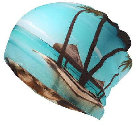 Palm Trees and Clear Sea Print Ponytail Beanie for Women,Winter Beanie Hat Face Mask Covering Neck Gaiter for Cold Weather Black