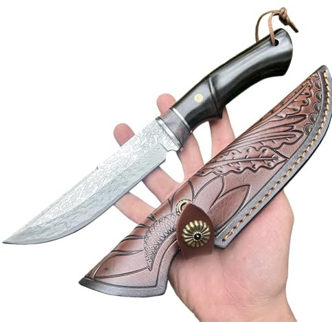 Obespina Couteau Artisanal Damas Camping Lame Fixe Acier Manche Bois d'Ébène Insert Stabilisé Collection Custom Cadeau Homme Suminagashi VG10 EDC Chasse Randonnée Extérieur Bushcraft Étui Forgé