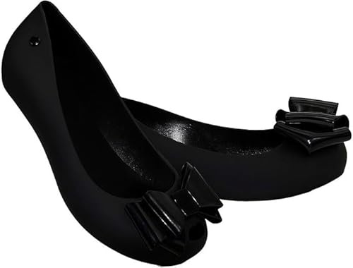 Bismaa Womens Black Jelly Shoes with Bow - Ladies Comfy Slip-On Casual Wear Every-Day Jelly Flats Ballerina Pumps, 5 UK