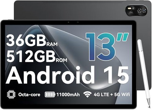Blackview 13 inch Tablet，Android 16 with SIM Card Slot, Pen,Case, 36GB + 521GB (Up to 2TB), 11000 mAh, 13MP + 50 MP AI Camera, 4G LTE, 5G WiFi, GPS- MEGA 8