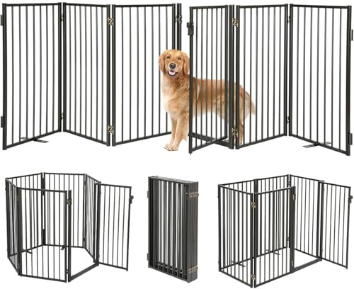 Metal Freestanding Dog Gates with Door for Outdoor Indoor,120'' Extra Wide 36'' Tall Free Standing Dog Gate for Doorways,Large Openings,Deck,Yard,Porch,Foldable Safety Pet Fence(Black,6 Panels)