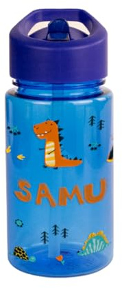 DEREGALOOS Botella Infantil Dinosaurios Personalizada con Nombre. 440 ml sin BPA. Bidón Escolar con Pajita, Asa y Tapón Plegable. Regalo Vuelta al Cole Niños. Azul, Rojo o Amarillo (AZUL)