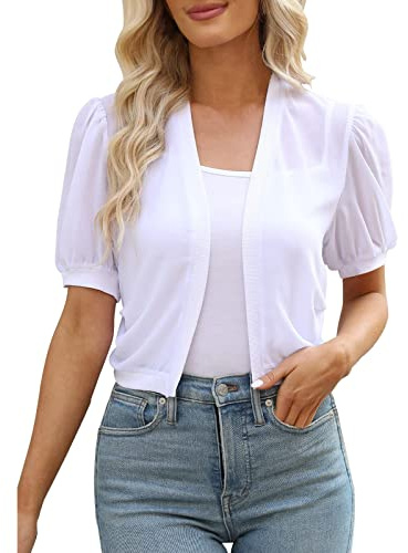 Cárdigan elegante de verano para mujer, color blanco, corto, chaqueta de punto de manga corta, chaqueta de verano, ligera, poncho de playa, chaqueta de punto fina, protección solar, capa oversized