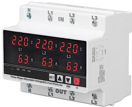 FTVOGUE 3-fas Underspänningsskydd 63A Justerbart överströmsskydd DIN-skena, | PC-material, 35 Mm Skenmontering, Automatisk återställning, överspännings- och Fasbortfallsskydd, 1% Spänningsnoggrannhet,