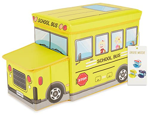 Bieco Aufbewahrungsbox mit Deckel Kinder Schulbus, faltbar, Sitzhocker mit Sitzgelegenheit, und Polsterung, Spielzeugkiste mit Stauraum, Sitztruhe, Jungen & Mädchen, 46 L, Belastbar bis 80 Kg, gelb