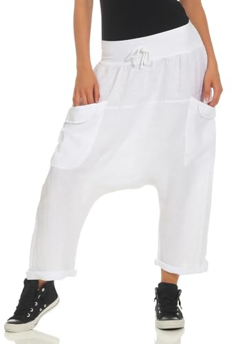 Malito Donna Harem Pantaloni di Lino Bloomers Capri Pantaloni Plain Colors 6285 (Bianco)