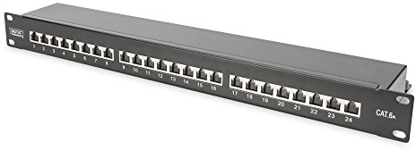 DIGITUS Patchpanel - 19-Zoll - Cat-6A - 24-Port RJ45 - Geschirmt - LSA Patch-Feld - Rack-Montage 1HE - Schwarz