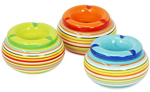 COM-FOUR® Cendriers à vent 3x en céramique en bleu, vert, orange, chacun avec des rayures colorées (03 pièces - Ø 11cm)