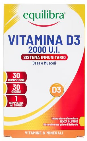 Equilibra Integratori Alimentari, Vitamina D3, Integratore Vitamina D3 per la Normale Funzione del Sistema Immunitario, per il Mantenimento di Ossa Normali, 2000 UI, 30 Compresse Altodosate