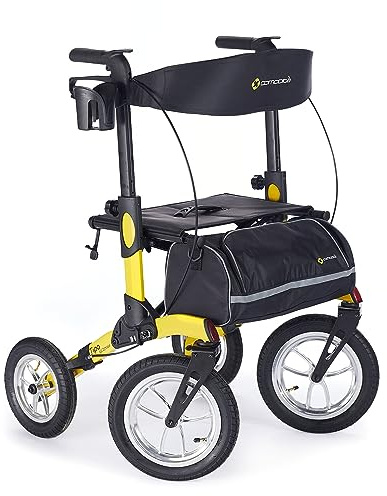 Comodità Tipo All Terrain Rolling Walker, Outdoor Wheeled Rollator with Extra Wide Seat and Brakes for Adults and Seniors, Easy Folding, 4 Wheel, Modena Yellow